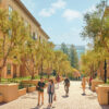 People walking and biking on path of Crescent Village apartment