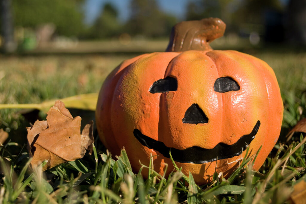 Jack o'-lantern in grass field