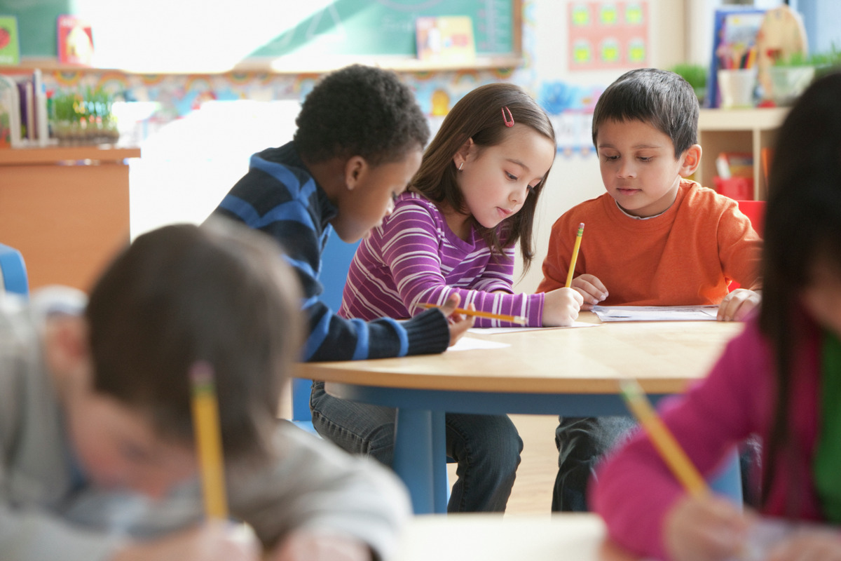 Students working on assignment together in class