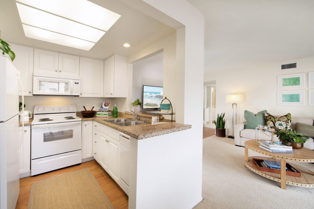 View of the kitchen and living room of an apartment home